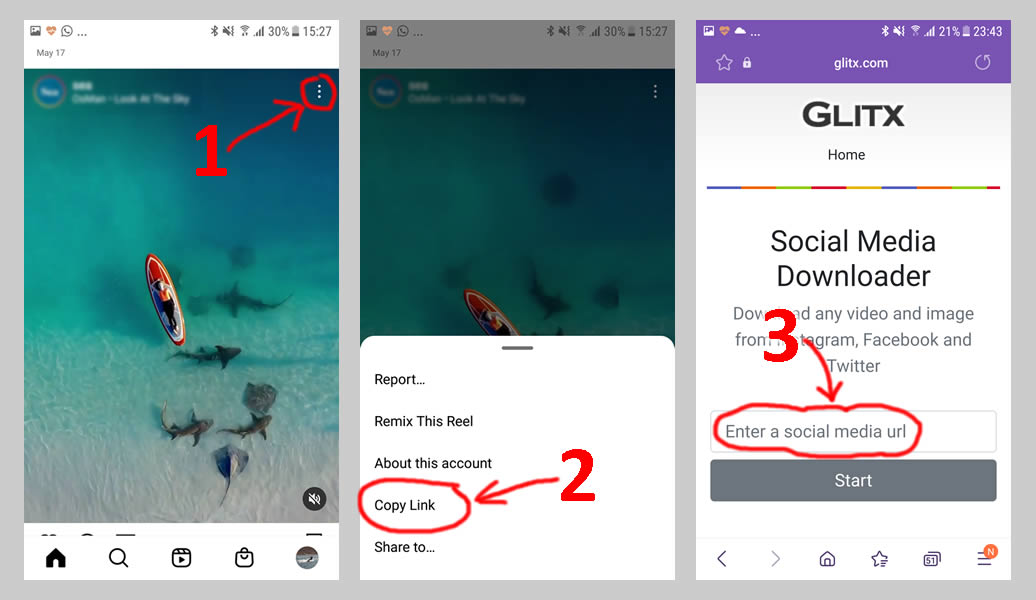 pasos del tutorial de descarga de videos de instagram para aplicaciones móviles